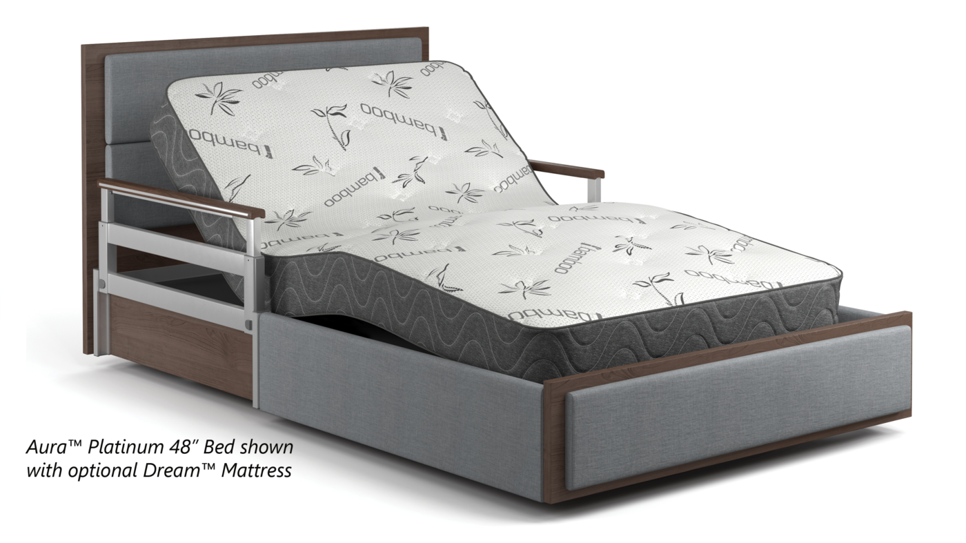 A bed with a wooden and metal frame featuring an adjustable base is shown with a mattress. The mattress has the word "Dream" written on it, and the bed is labeled as the "Aura™ Platinum 48” Bed," ideal for both home and hospital settings in any city across the USA.