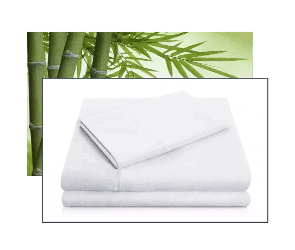 a sheet set with bamboo leaves in the background.