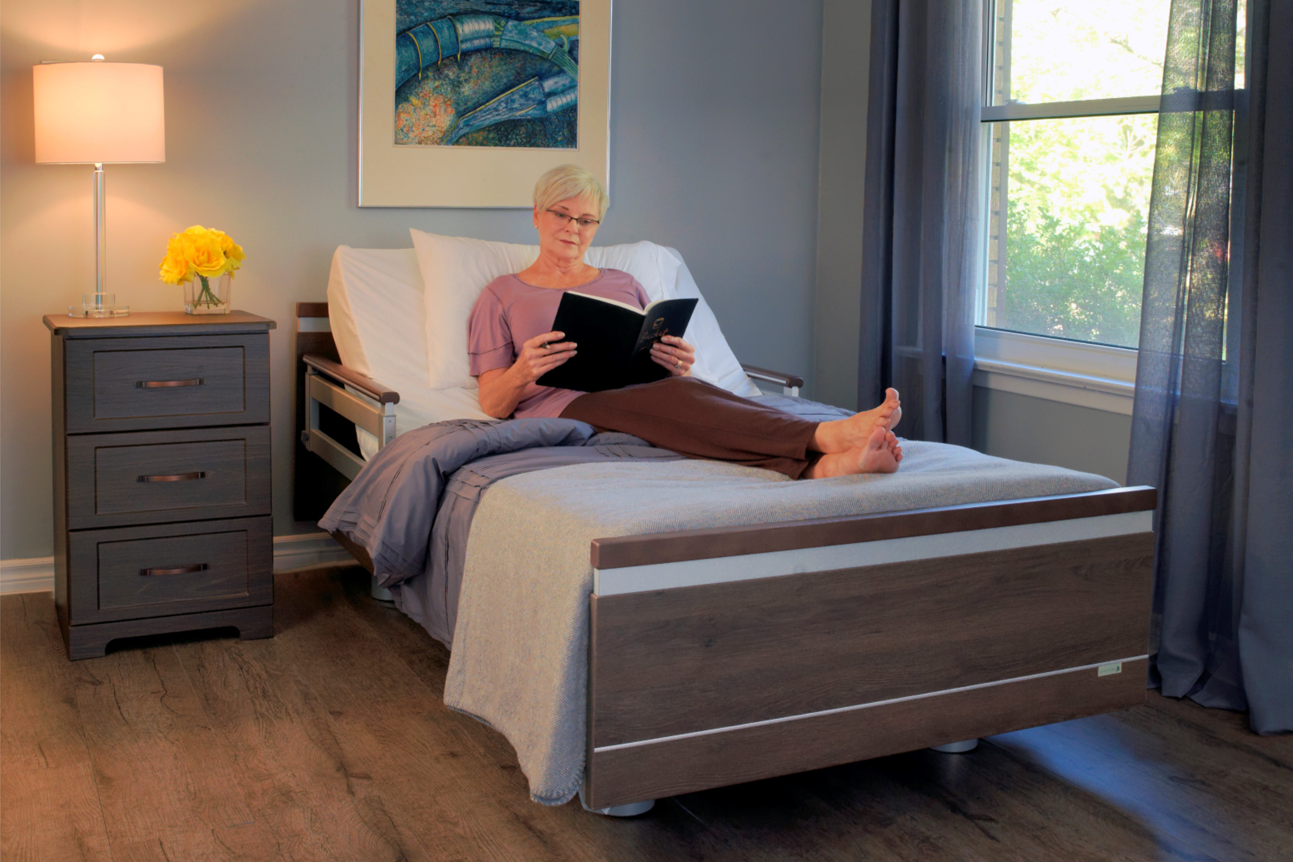 A woman lies on a bed reading "Healthy Habits: The Key to Senior Well-being.
