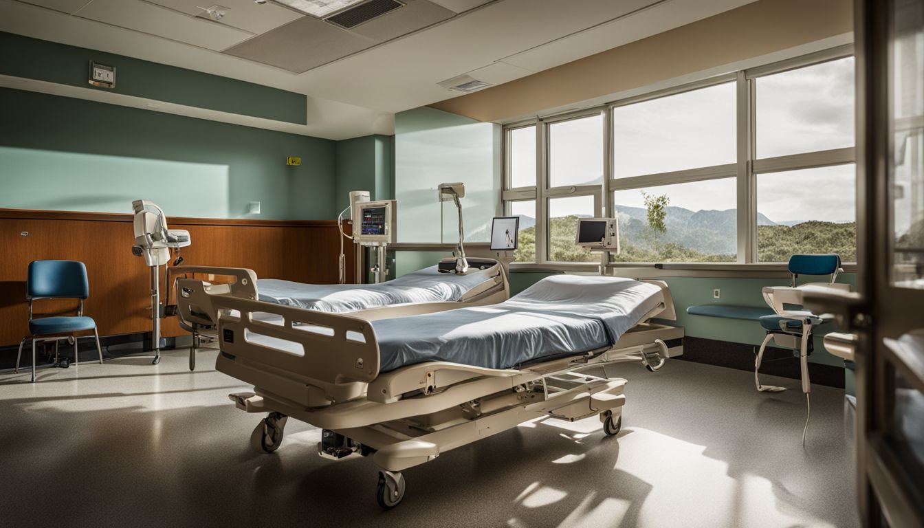 A sturdy hospital bed with wheel locks in a hospital room.