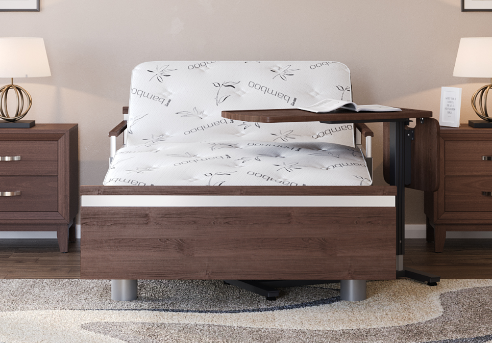 A new bedroom features a wooden adjustable bed, side table, and two lamps on stylish nightstands. The bed boasts a white "Bamboo" mattress for ultimate comfort.