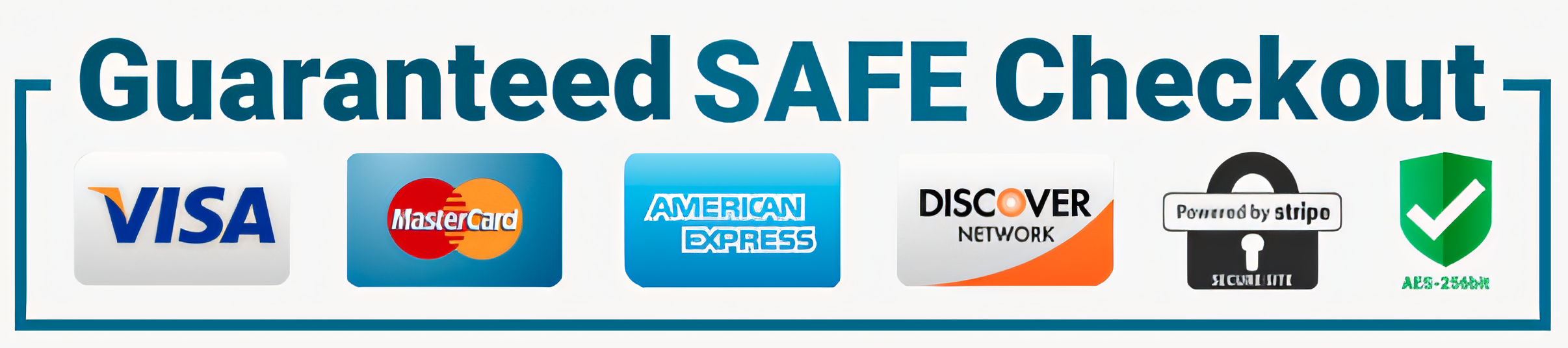 Icons for Visa, MasterCard, American Express, Discover Network, Stripe, and AES-256 bit encryption, with "Guaranteed SAFE Checkout" text above.