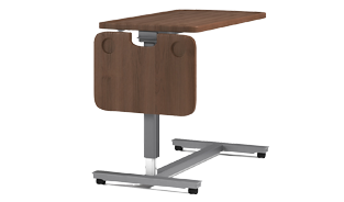 The SonderCare adjustable wooden side table features a sleek metal base with wheels for easy mobility.