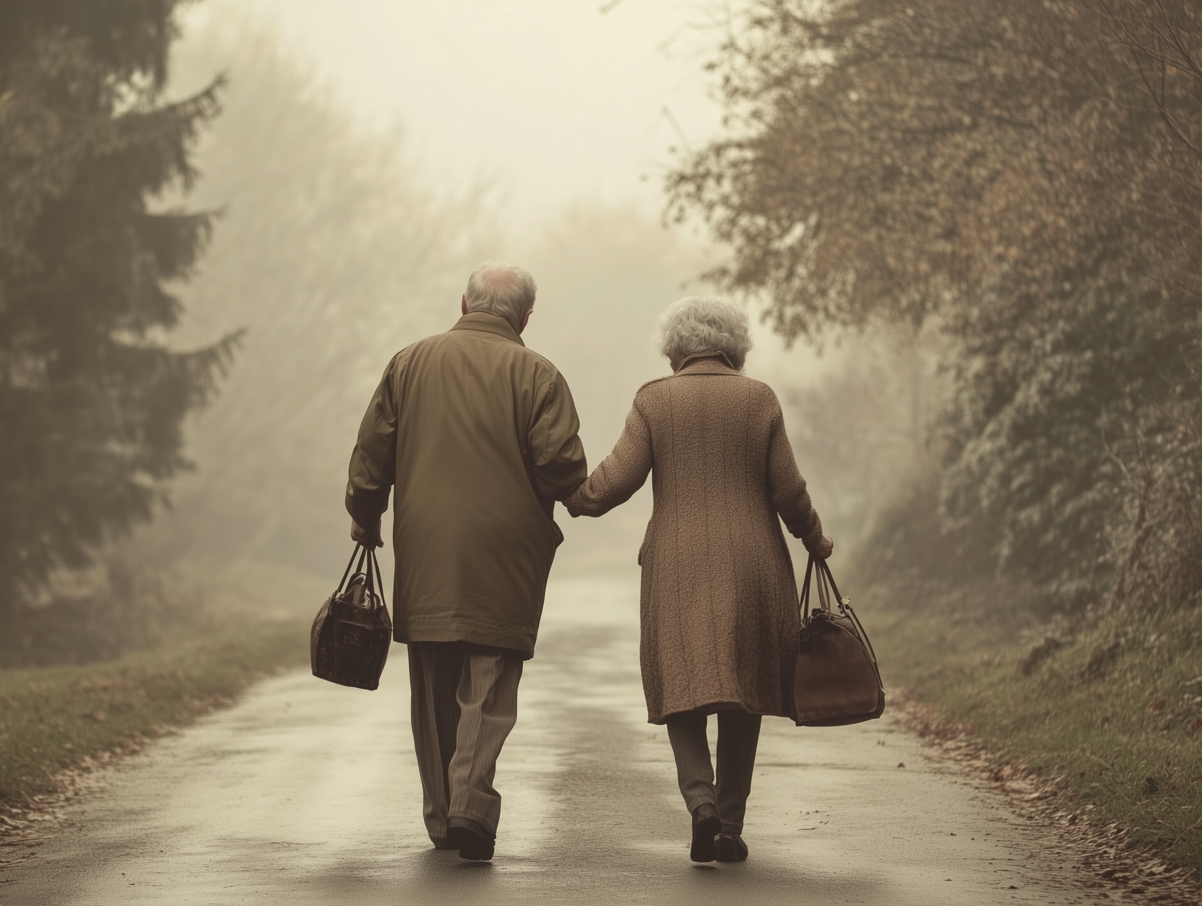 An elderly couple walking hand in hand down a foggy path, each carrying a handbag, surrounded by blurred trees. Their steps are steady, but one can't help but ponder: what are the signs it's time to consider assisted living?.