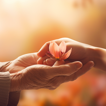 An elderly woman is holding a flower in her hand.